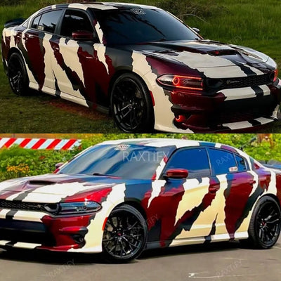 Two views of a car with a camouflage wrap on a grassy and road background.