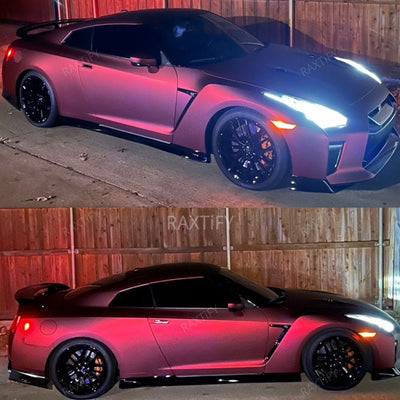 Matte Chrome Romanee Red Car Wrap on Nissan