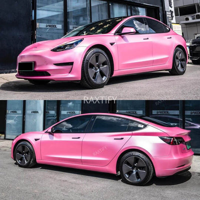 Tesla Model 3 in Satin Metallic Pearl Pink Vinyl Wrap