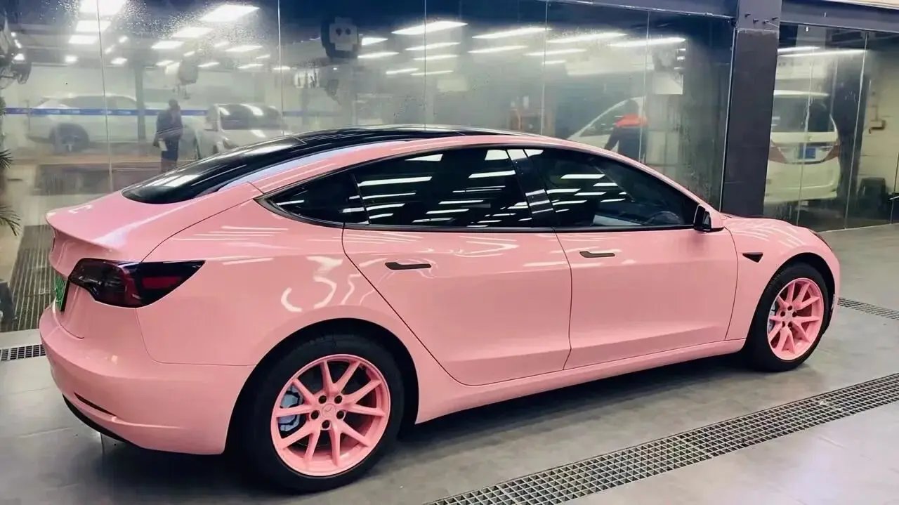 Gloss Baby Pink Vinyl Wrap Tesla Side Color