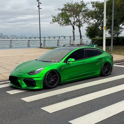 Tesla in Matte Chrome Flame Green Vinyl Wrap Front
