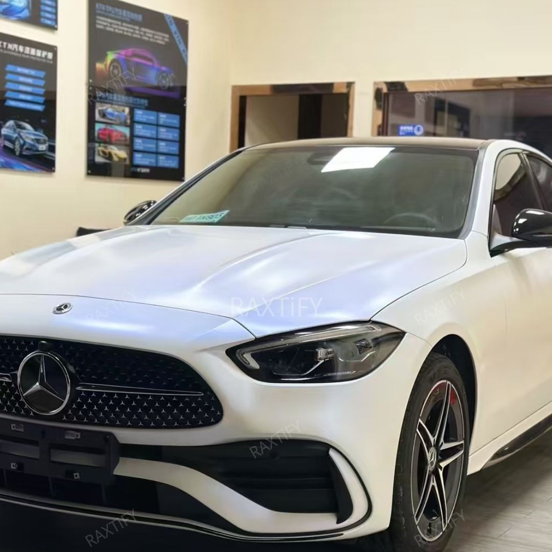 Matte Silk White Blue Car Wrap on hood