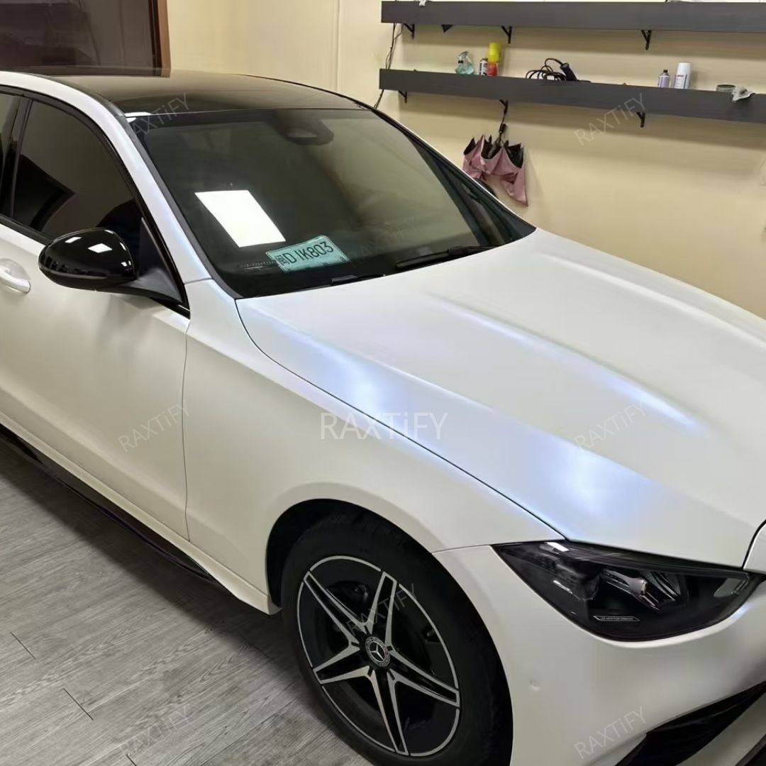 Matte Silk White Blue Car Wrap detail look