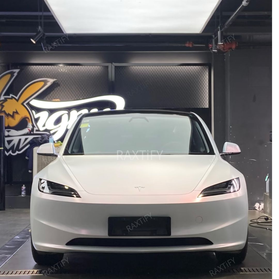 Matte Silk White Red Car Wrap on tesla model 3 front
