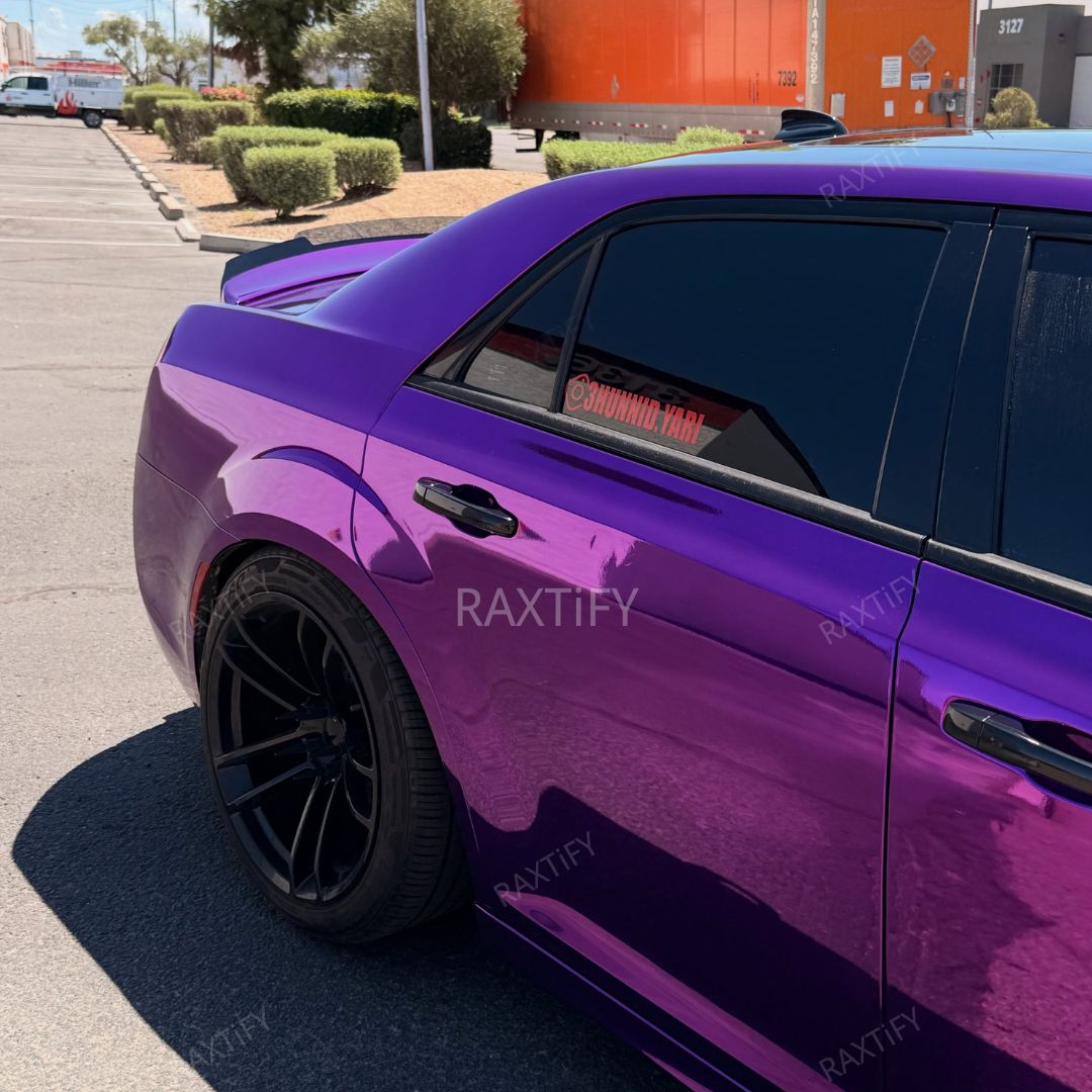 Chrysler300 Mirror Chrome Purple Vinyl Wrap close-up