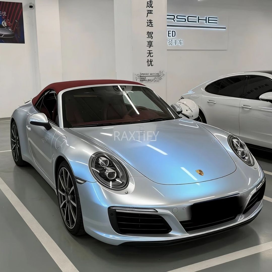 Gloss Cyber Silver Blue Vinyl Wrap Porsche