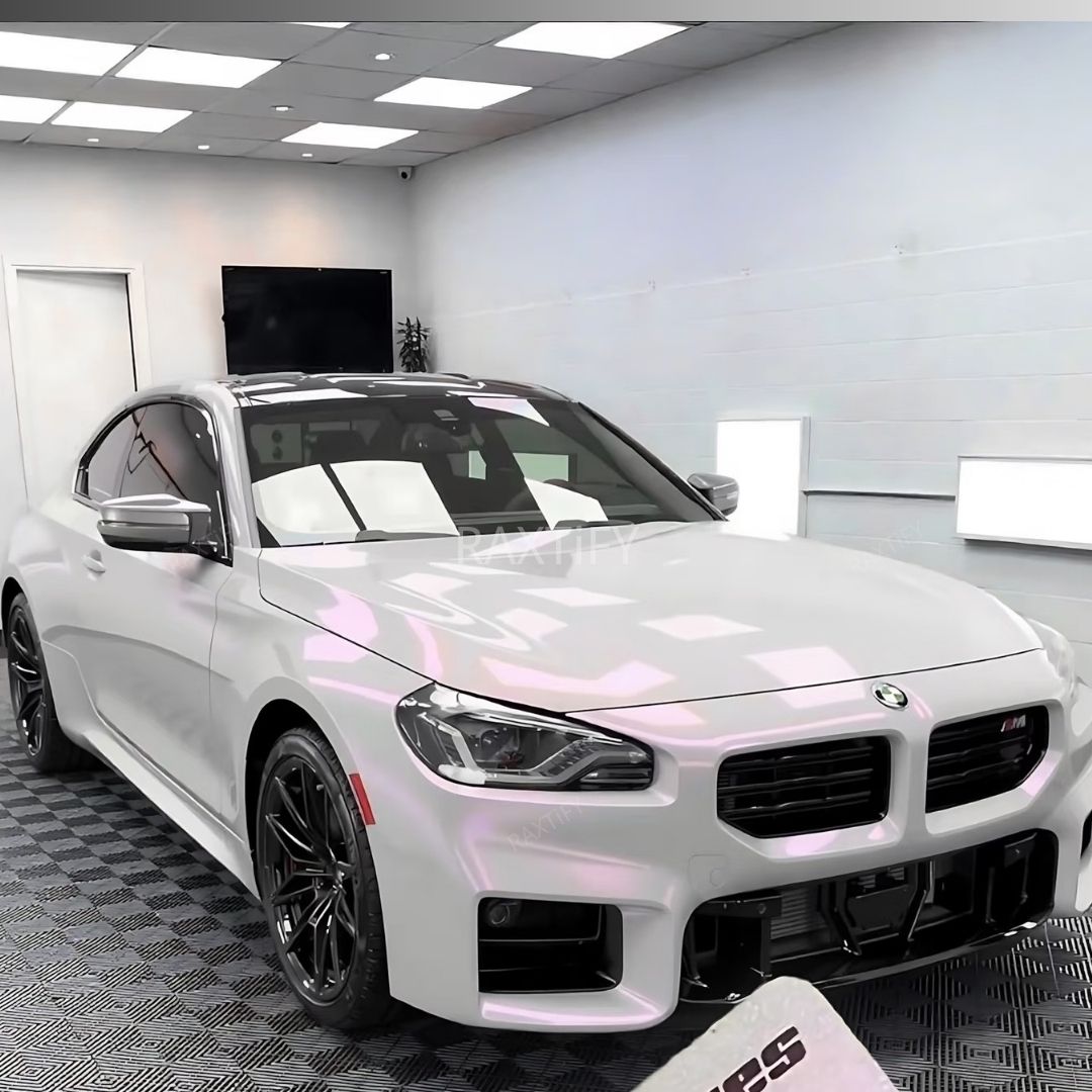 Gloss Cyber White Pink Car Wrap on bmw