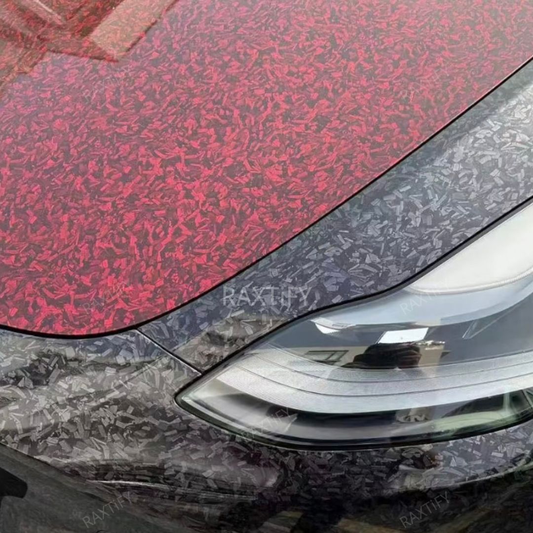 Gloss Black Red Mini Forged Carbon Fiber Vinyl Wrap on hood
