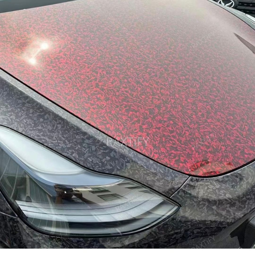 Gloss Black Red Mini Forged Carbon Fiber Vinyl Wrap on hood