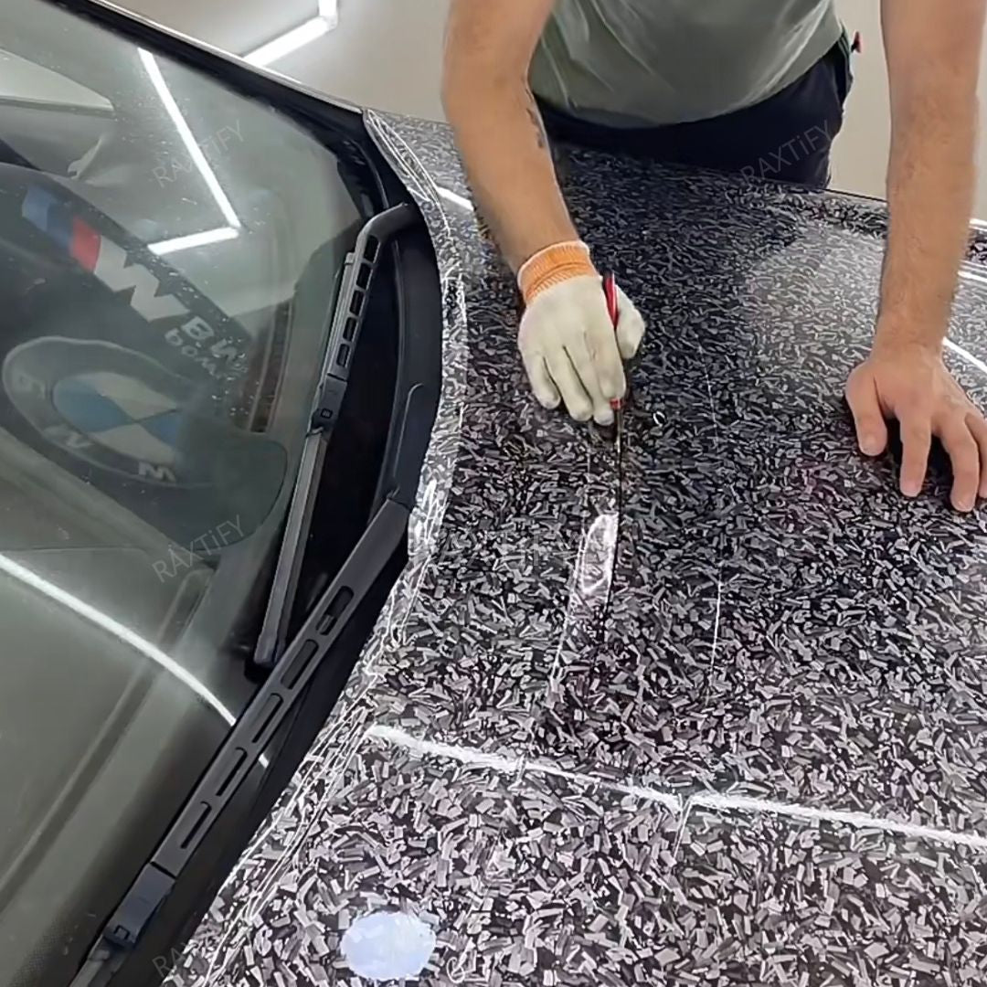 Gloss Camouflage Black Silver Forged Carbon Vinyl Wrap hood