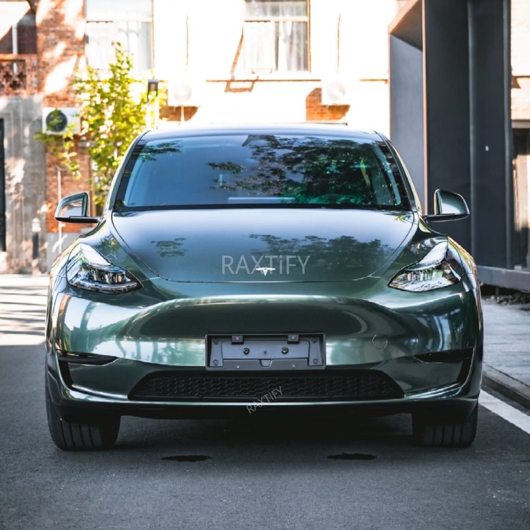 Tesla Wrapped in Gloss Metallic Oak Green Vinyl Wrap