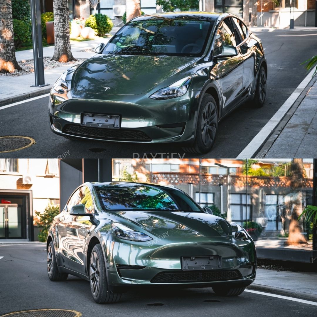 Tesla Wrapped in Gloss Metallic Oak Green Vinyl Wrap