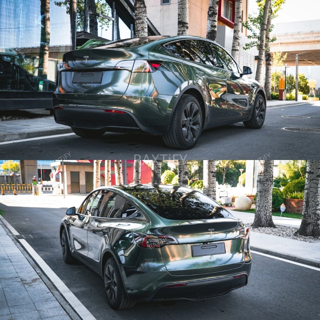 Tesla Wrapped in Gloss Metallic Oak Green Vinyl Wrap