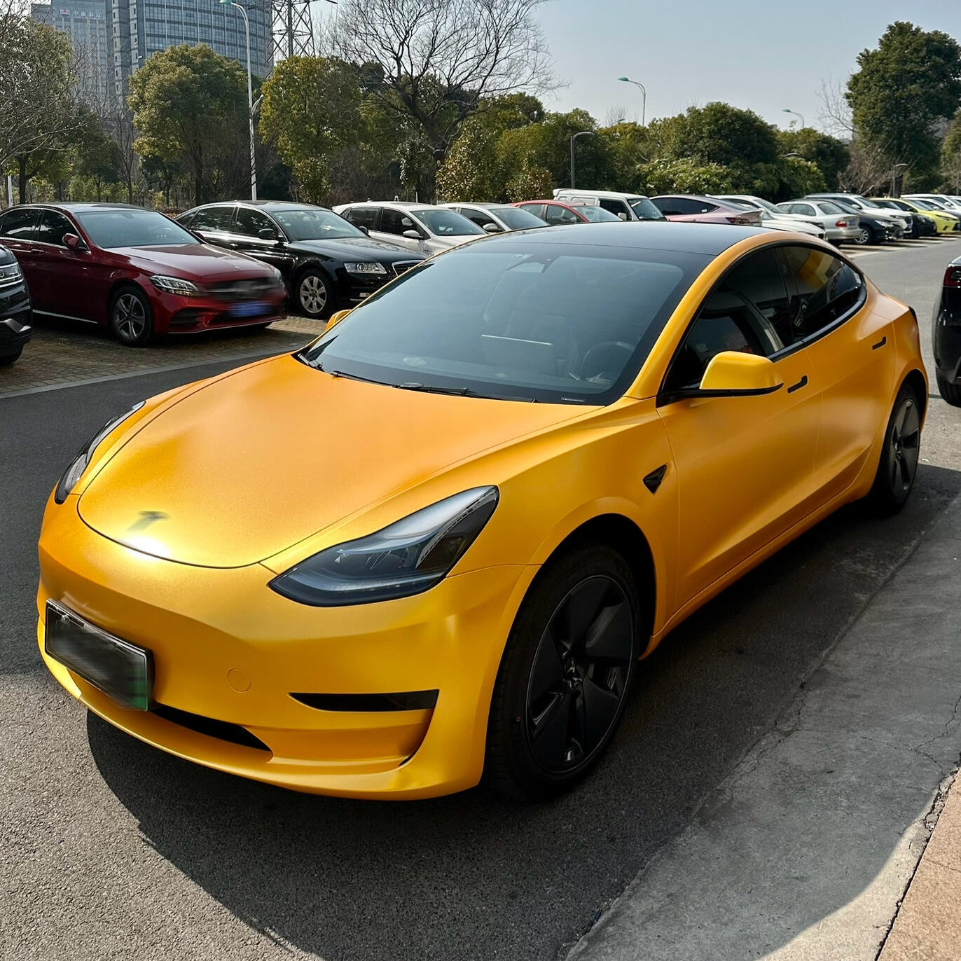 Satin Metallic Golden Yellow Vinyl Wrap Tesla
