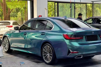 Color Shift Peacock Green Vinyl Wrap BMW