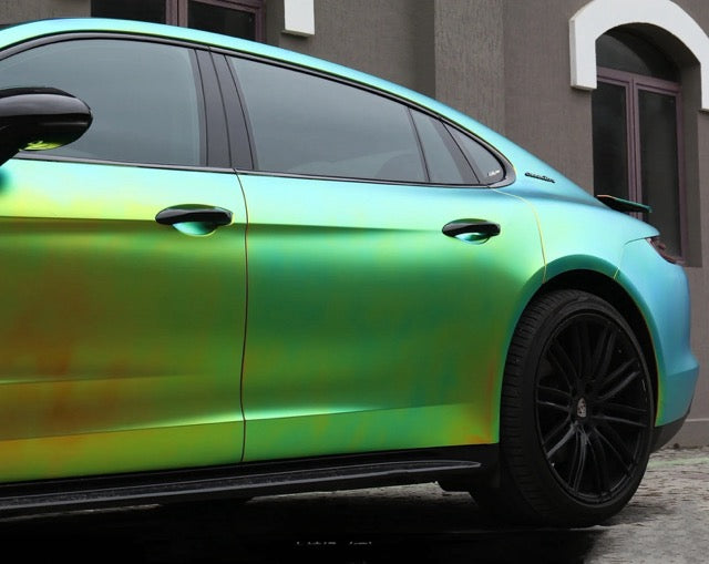 Satin Chrome Rainbow Green Vinyl Wrap Partial