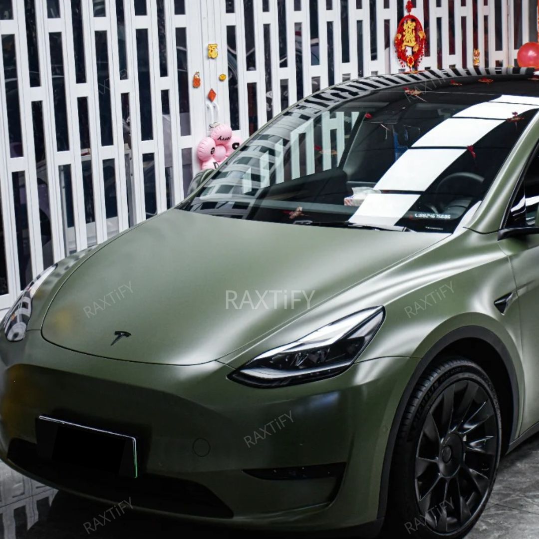Matte Silk Army Green Vinyl Wrap on tesla