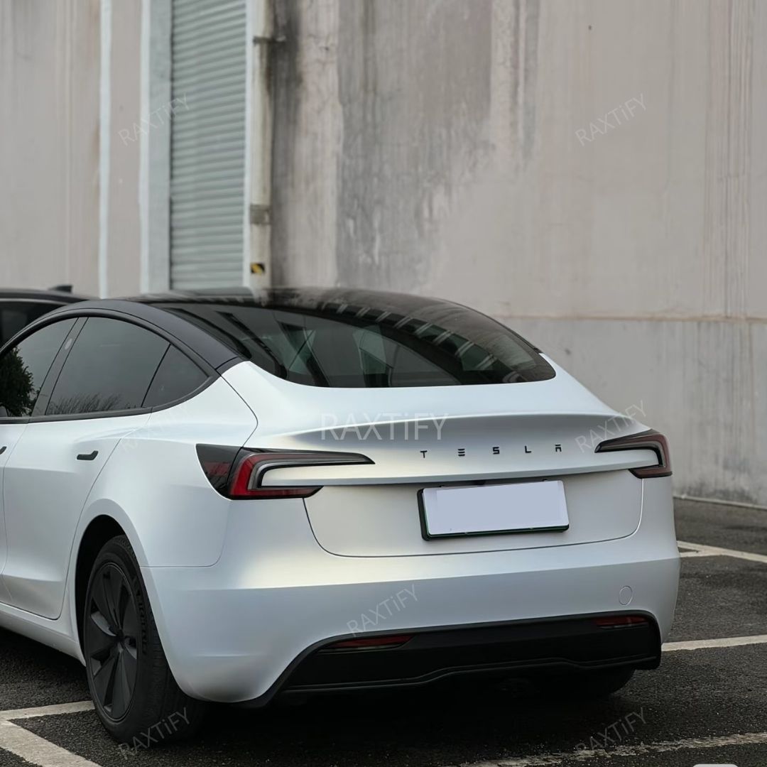 Matte Silk White Gold Car Wrap On Tesla back