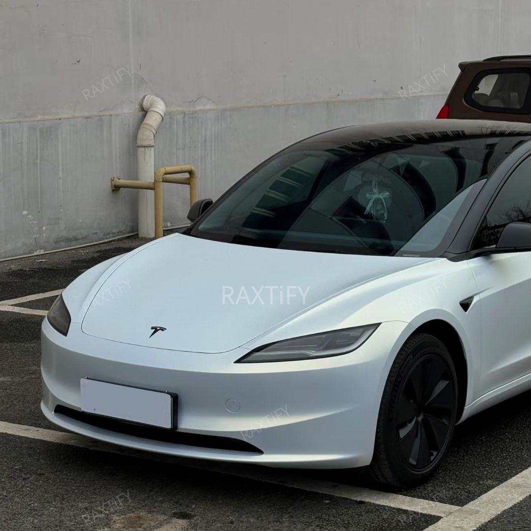 Matte Silk White Gold Car Wrap on tesla hood