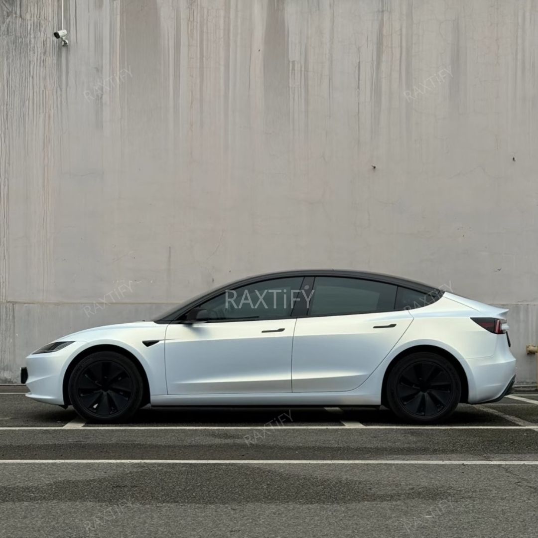 Matte Silk White Gold Car Wrap on tesla 