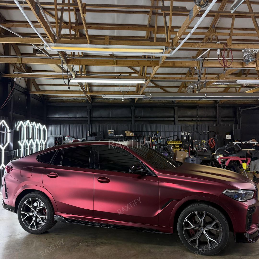 Matte Chrome Romanee Red Car Wrap bmw side