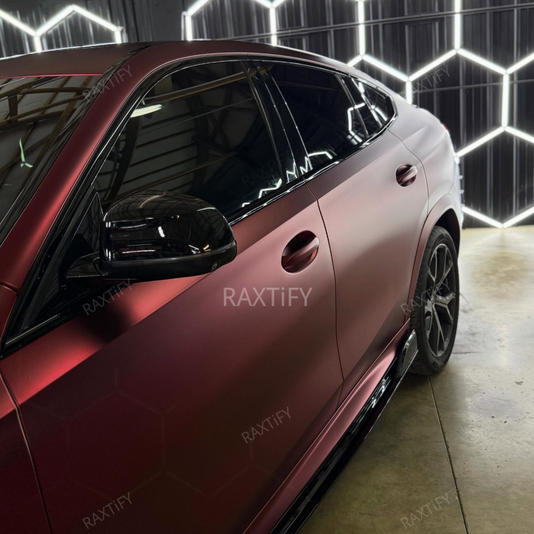 Matte Chrome Romanee Red Car Wrap partial
