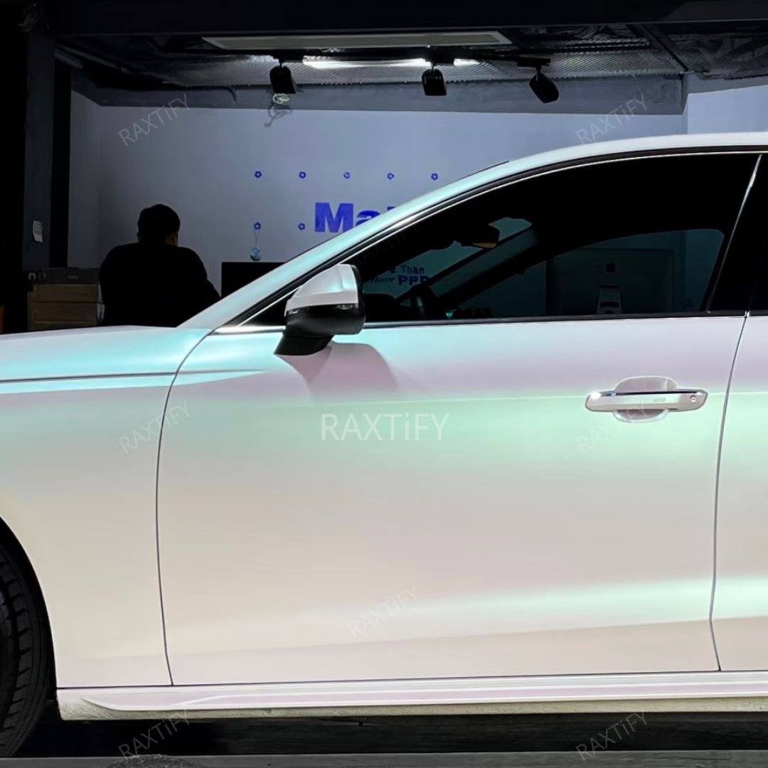 Matte Glitter Aurora Green  Vinyl Wrap on car door