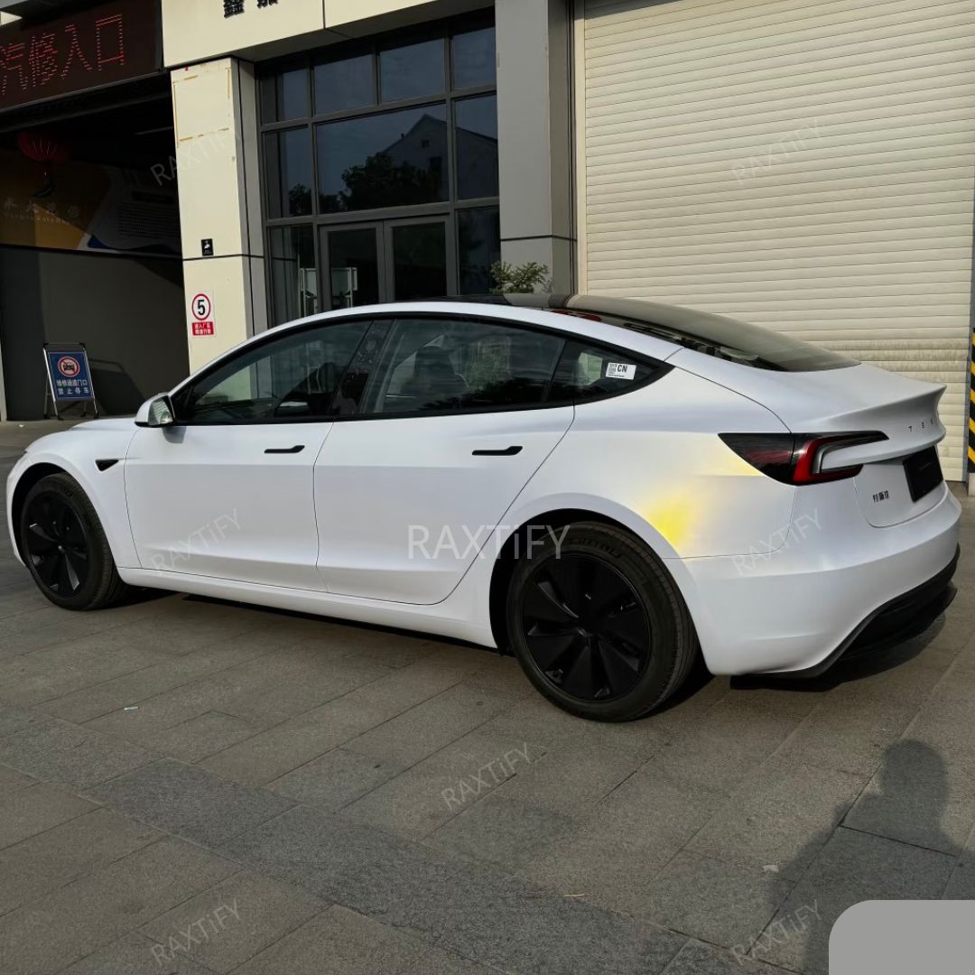 Matte Glitter White Gold Vinyl Wrap tesla side look