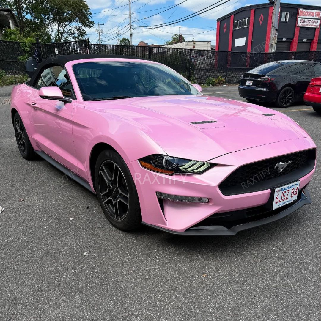 Super Gloss Blossom Pink Car Wrap Mustang Daytime