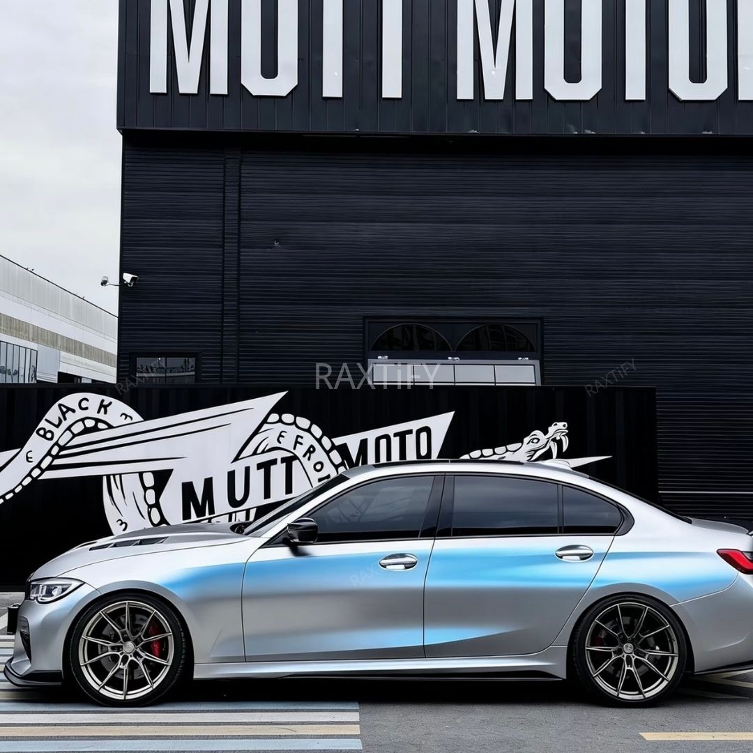 Satin Cyber Silver Blue Vinyl Wrap bmw side