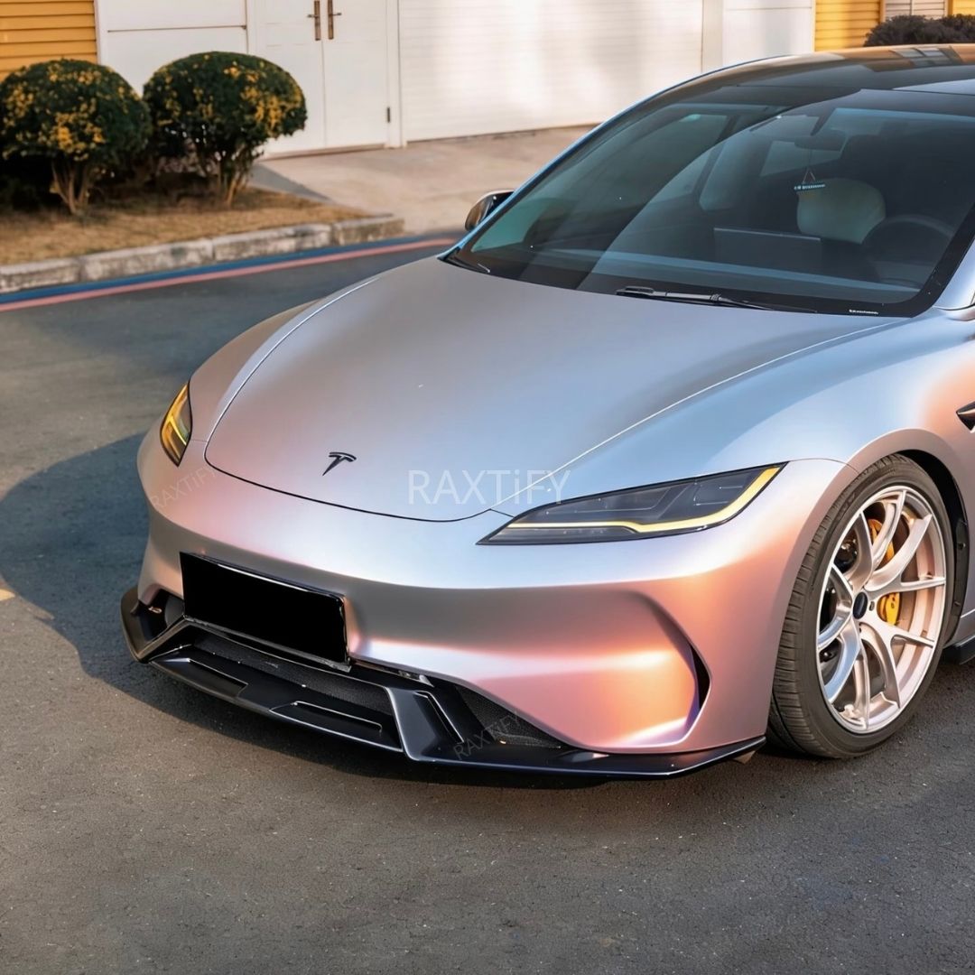 Satin Cyber Silver Orange Vinyl Wrap tesla hood