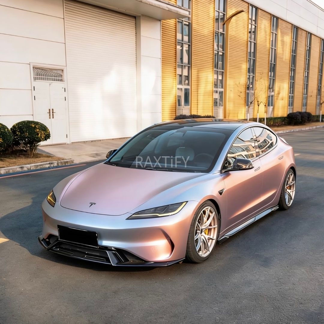 Satin Cyber Silver Orange Vinyl Wrap tesla full look