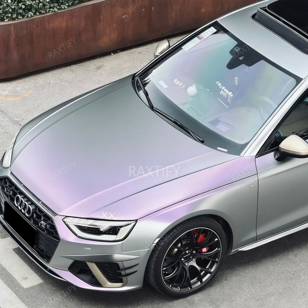Satin Cyber Silver Purple Vinyl Wrap audi hood