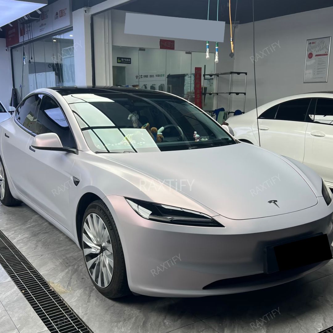 Satin Cyber Silver Pink Vinyl Wrap tesla hood
