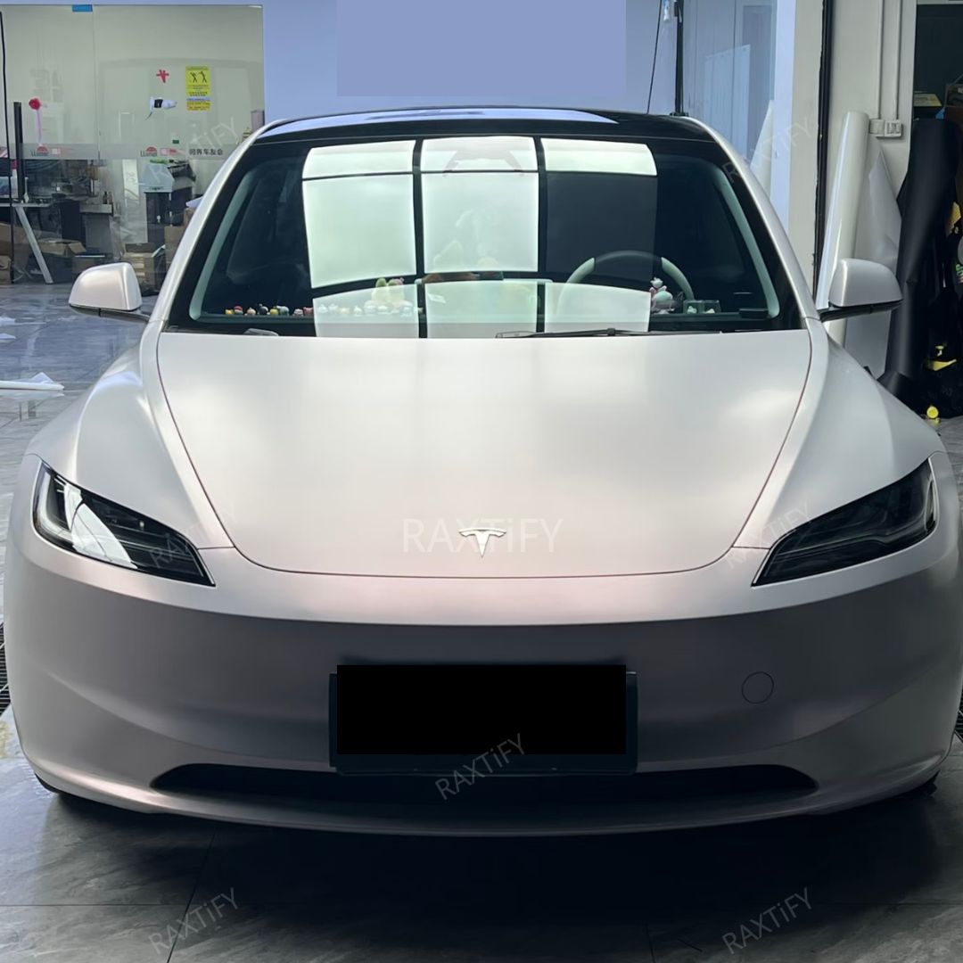 Satin Cyber Silver Pink Vinyl Wrap tesla hood