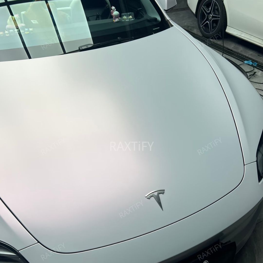 Satin Cyber Silver Pink Vinyl Wrap tesla details