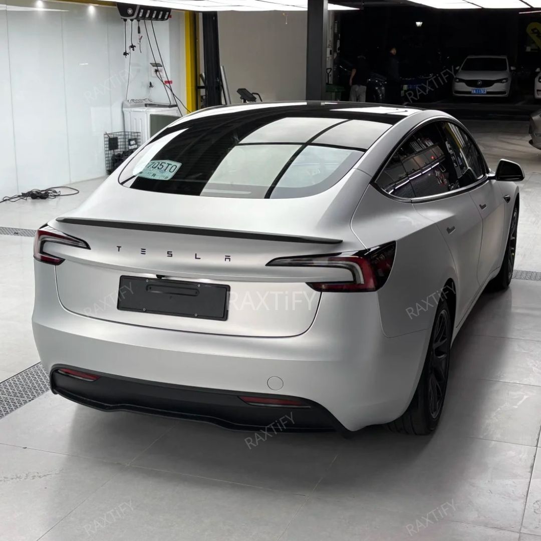 Super Matte Mercury Silver Car Wrap on Tesla Back