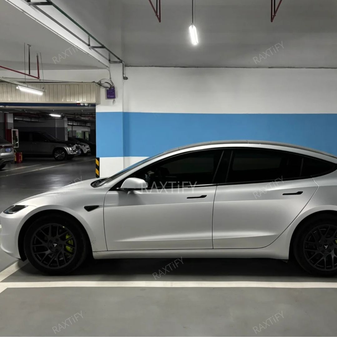 Super Matte Mercury Silver Car Wrap On Tesla Model Y