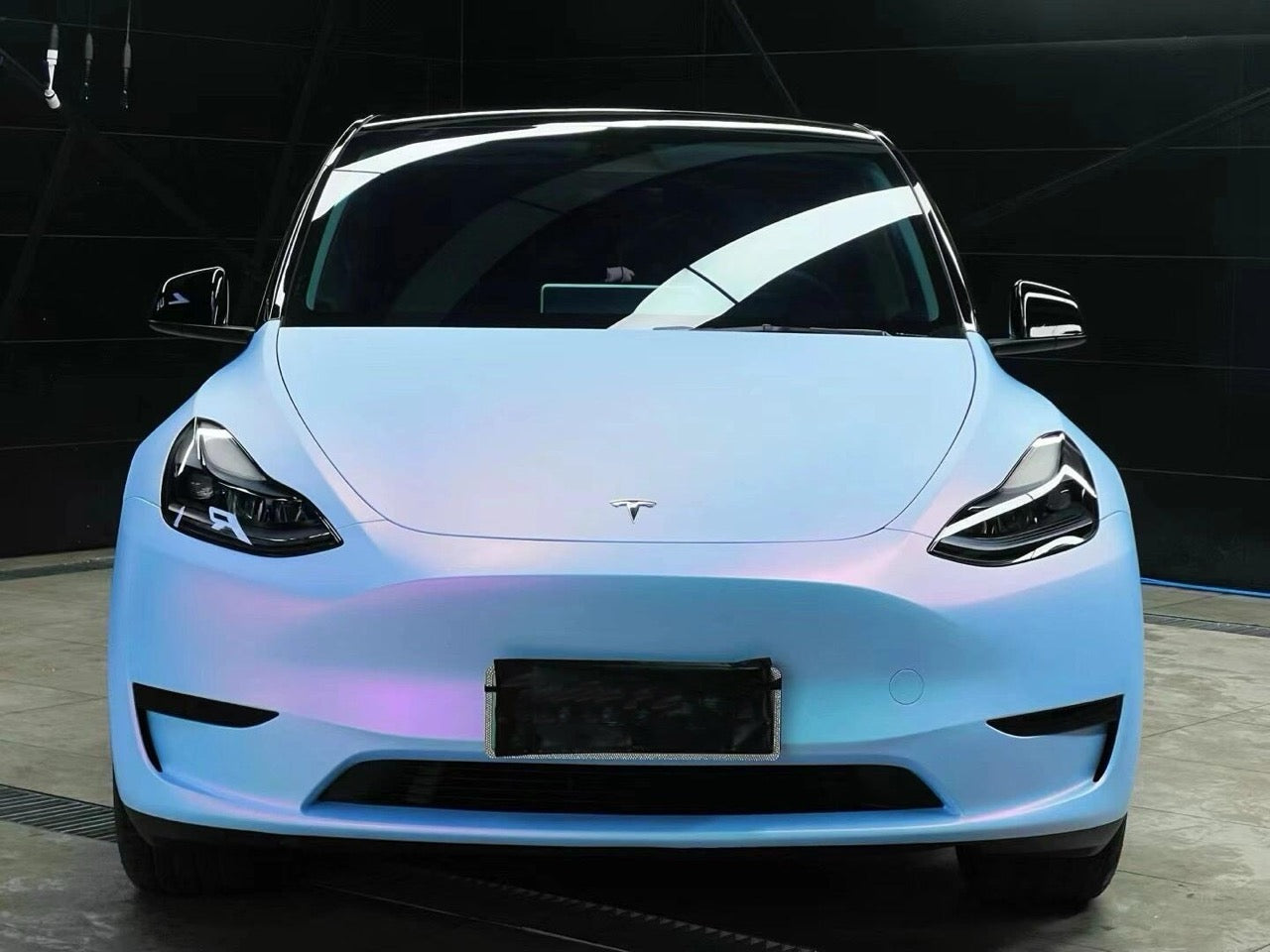 TESLA wrapped in Color Shift Satin Chameleon Blue Vinyl Wrap