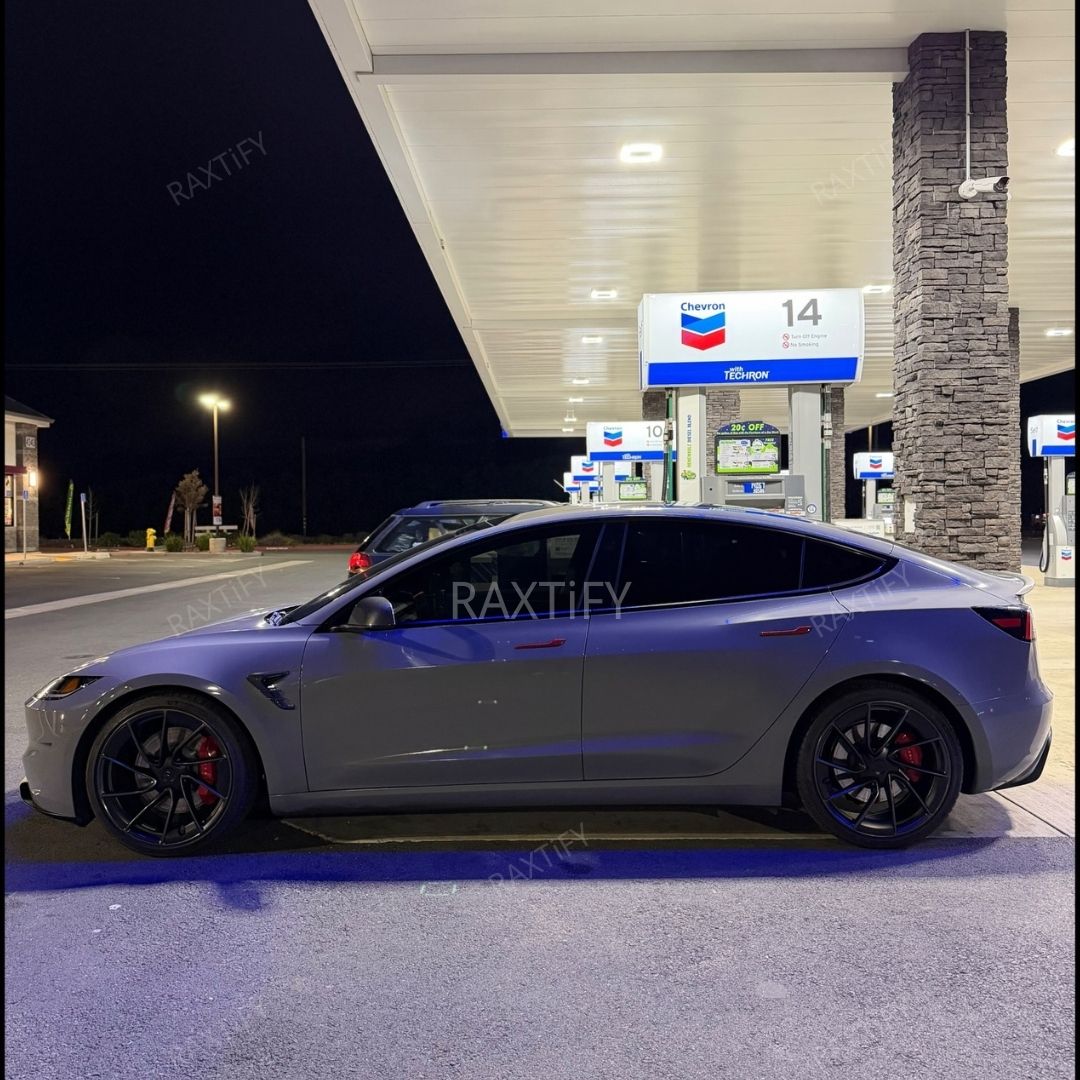 Gloss Nardo Gray Vinyl Wrap on Tesla model 3