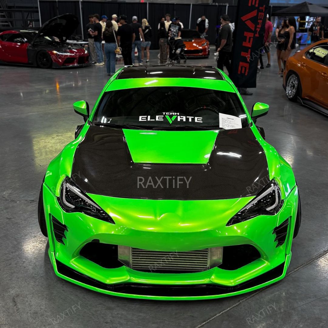 Color Shift Neon Gold Green Vinyl Wrap on toyota gr86 hood