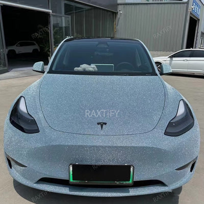 Ultra Diamond Glitter Sky Blue Vinyl Wrap on tesla