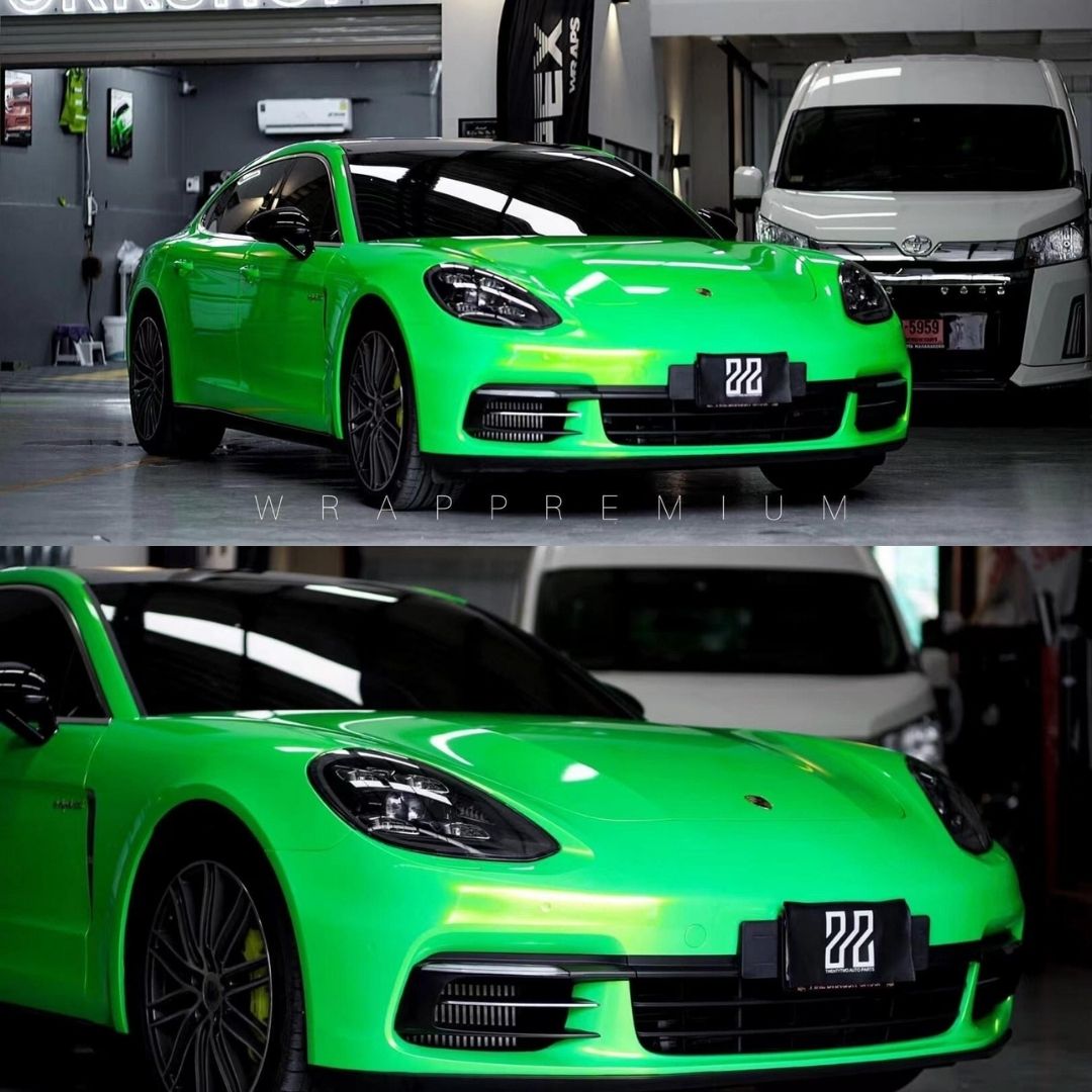 Porsche in Ultra Gloss Metallic Neon Gold Green Paint Protection Film