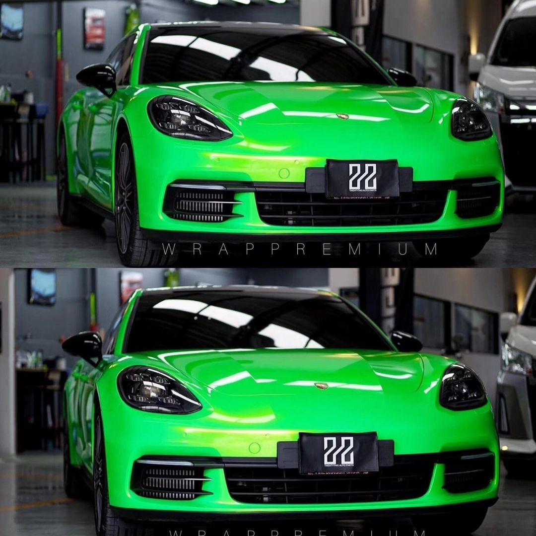 Porsche in Ultra Gloss Metallic Neon Gold Green Paint Protection Film