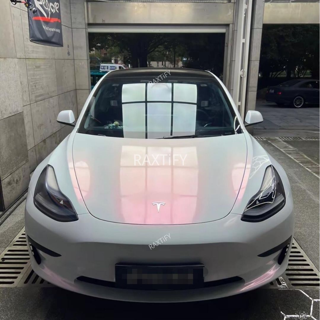 Tesla in Ultra Gloss White Pink Paint Protection Film