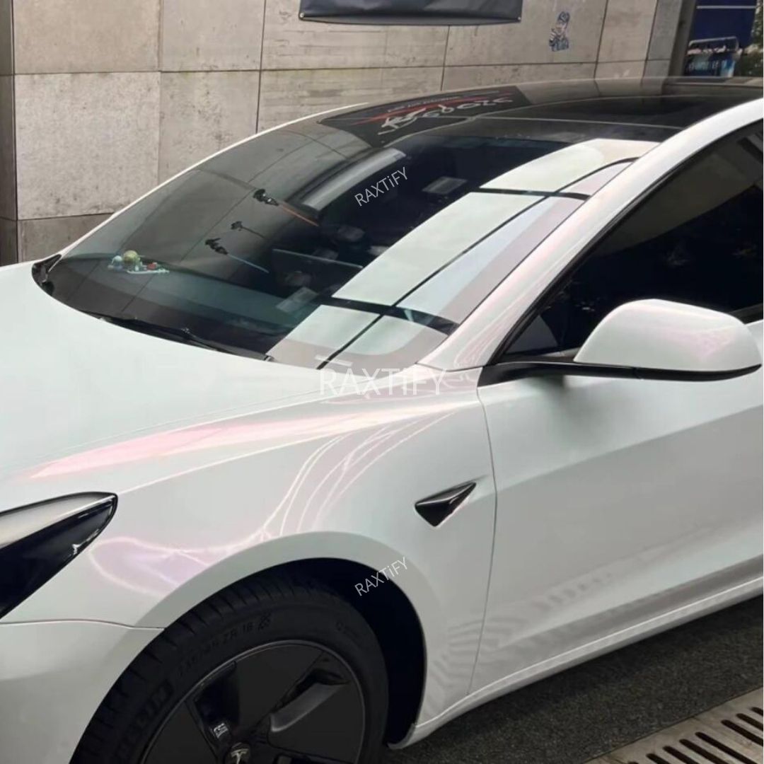 Tesla in Ultra Gloss White Pink Paint Protection Film