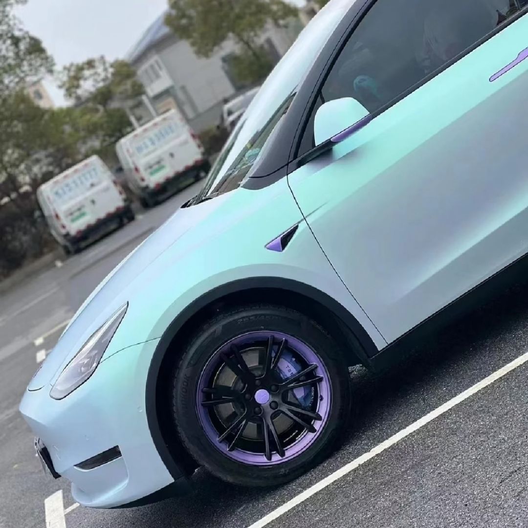 Tesla Wrapped in Ultra Matte Blue Green Vinyl Wrap