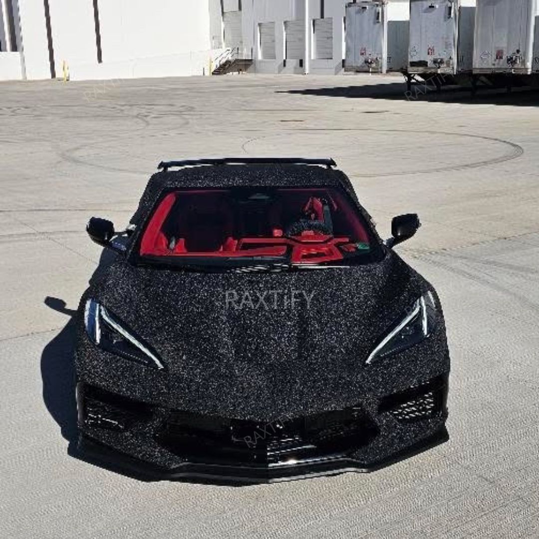 Ultra Diamond Glitter Matte Black Vinyl Wrap on Corvette c8 day