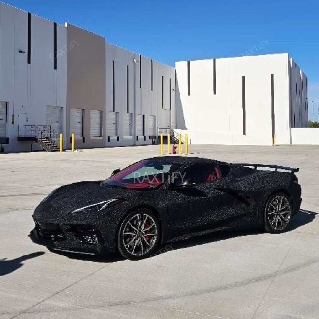 Ultra Diamond Glitter Matte Black Vinyl Wrap on Corvette c8 side