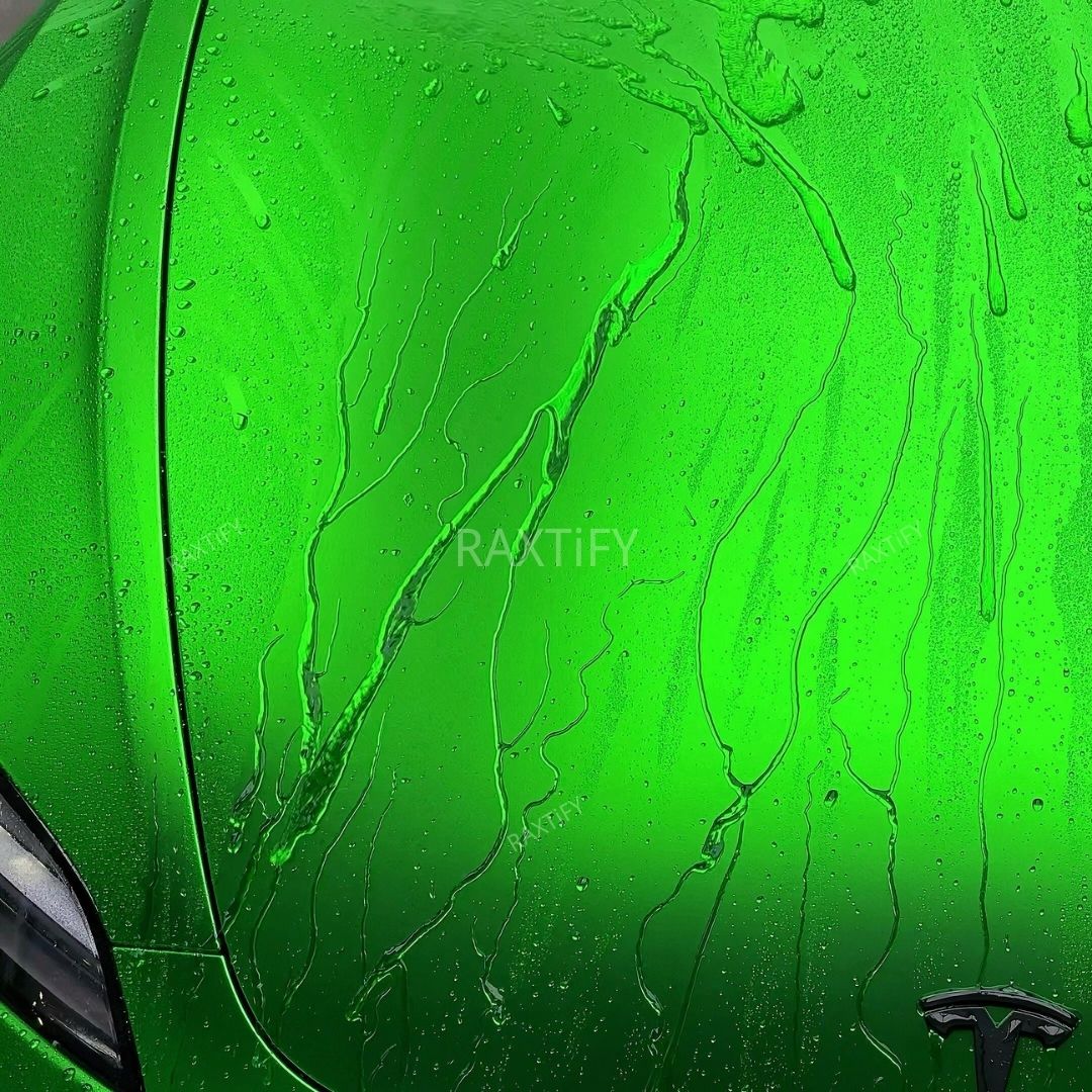 Matte Chrome Flame Green Vinyl Wrap detail with water